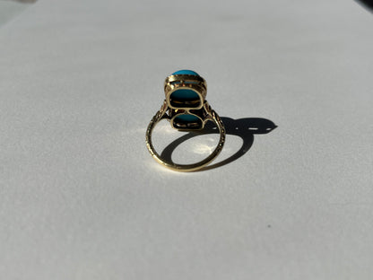 Antique 14K Yellow Gold Toi et Moi Ring with Blue Glass Cabochons