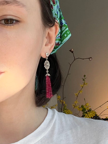 Diamond, Platinum and Spinel Tassel Earrings