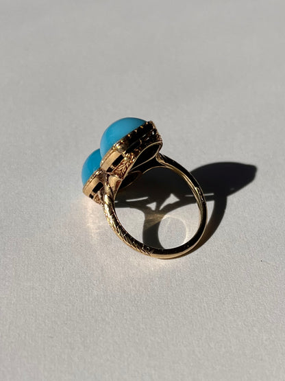 Antique 14K Yellow Gold Toi et Moi Ring with Blue Glass Cabochons