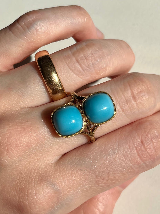 Antique 14K Yellow Gold Toi et Moi Ring with Blue Glass Cabochons