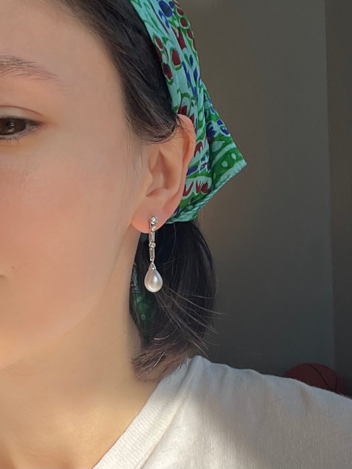Art Deco Platinum, Pearl and Diamond Drop Earrings