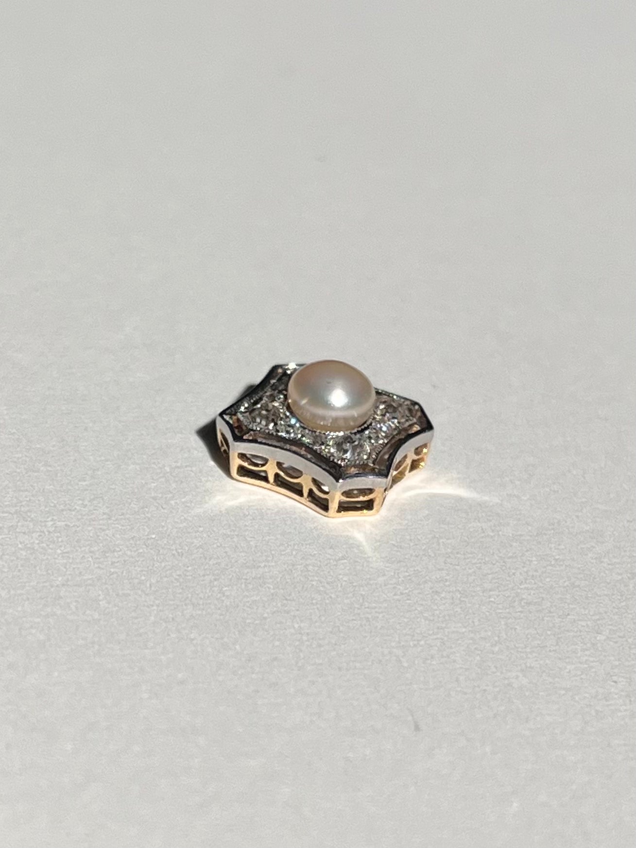 Antique Platinum and 14K, Old Cut Diamond and Untested Pearl Slide Pendant