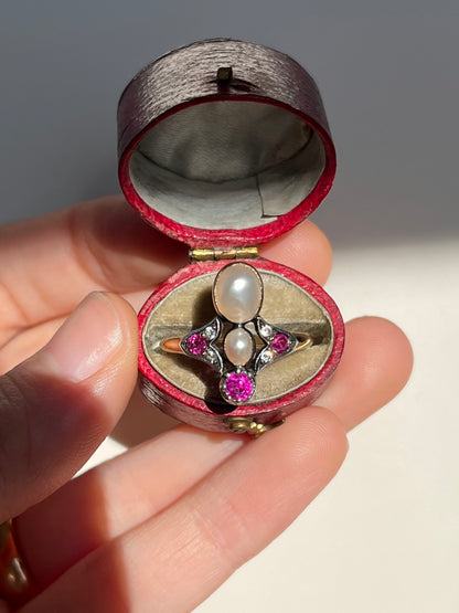 Antique Tiara Ring with Natural Mabe Pearls, Pink Sapphires and Pastes