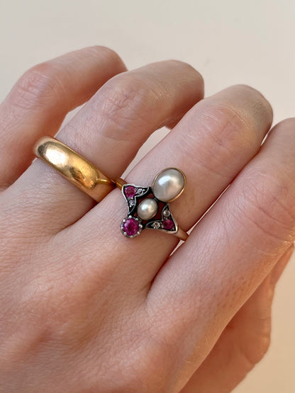 Antique Tiara Ring with Natural Mabe Pearls, Pink Sapphires and Pastes