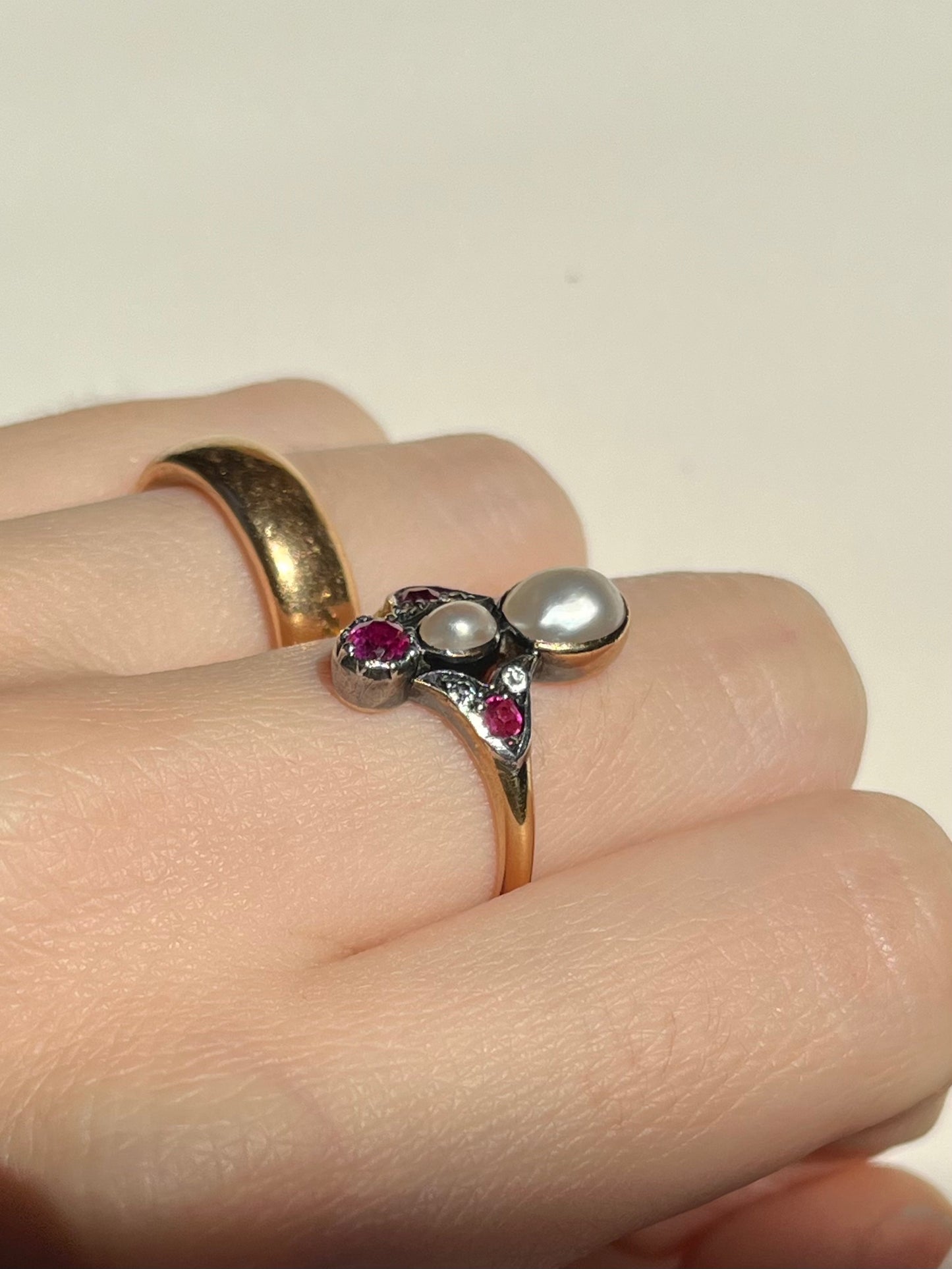 Antique Tiara Ring with Natural Mabe Pearls, Pink Sapphires and Pastes