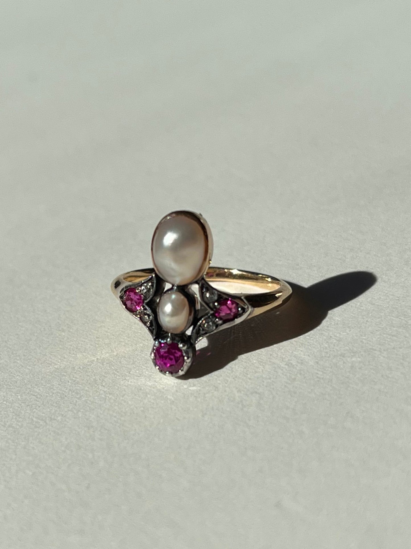 Antique Tiara Ring with Natural Mabe Pearls, Pink Sapphires and Pastes