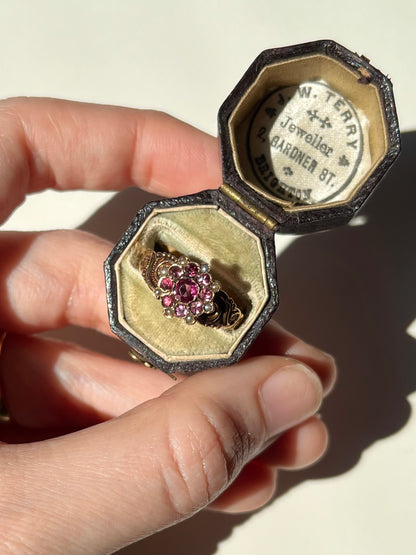 Antique 10K Rosy Gold Ring with Rhodolite and Seed Pearl Cluster