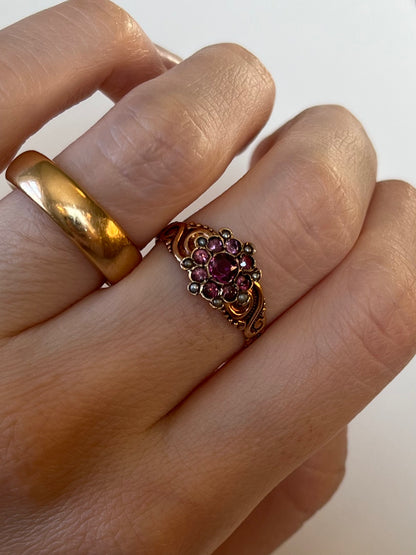 Antique 10K Rosy Gold Ring with Rhodolite and Seed Pearl Cluster