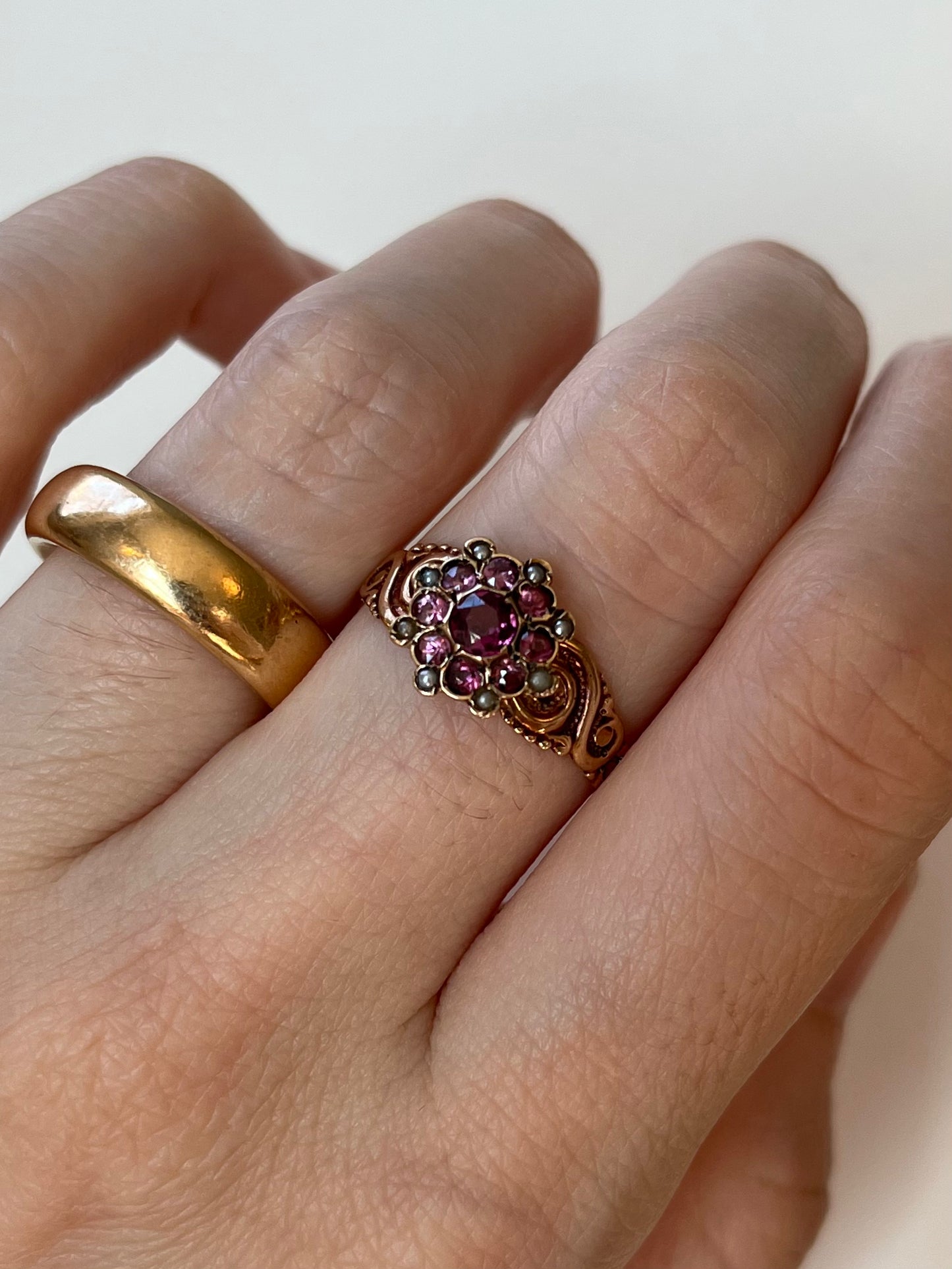 Antique 10K Rosy Gold Ring with Rhodolite and Seed Pearl Cluster