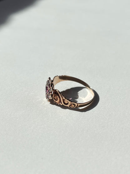 Antique 10K Rosy Gold Ring with Rhodolite and Seed Pearl Cluster