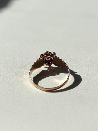 Antique 10K Rosy Gold Ring with Rhodolite and Seed Pearl Cluster