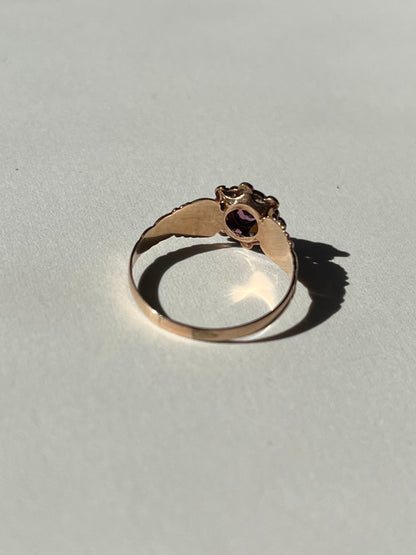 Antique 10K Rosy Gold Ring with Rhodolite and Seed Pearl Cluster