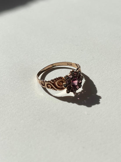 Antique 10K Rosy Gold Ring with Rhodolite and Seed Pearl Cluster