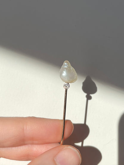 Antique 14K Yellow Gold and Platinum Diamond and River Pearl Stick Pin