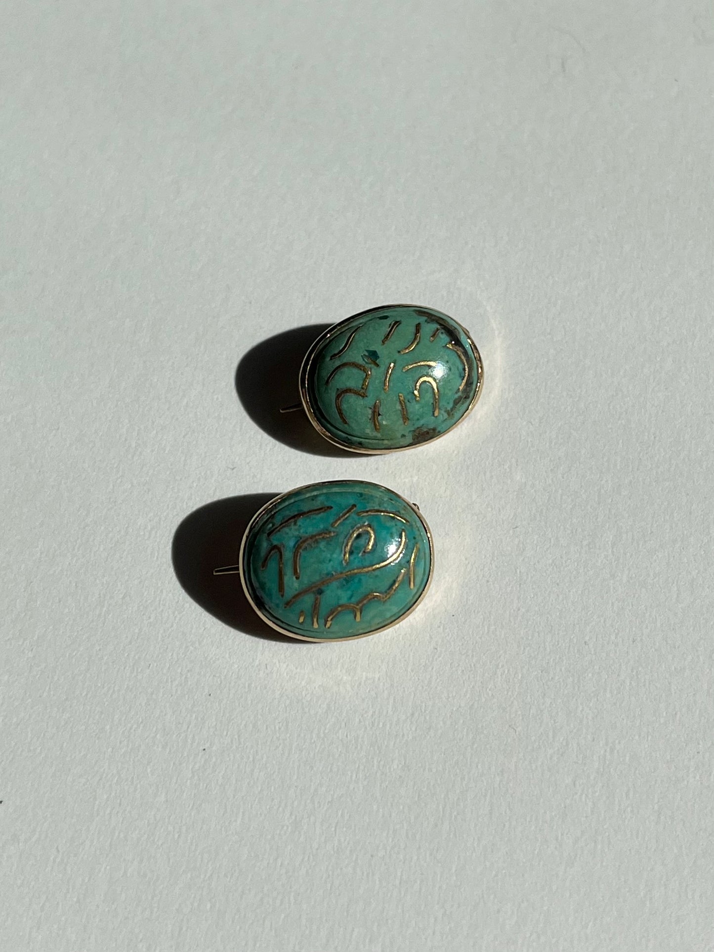 Antique Pair of Turquoise And Gold Inlay Brooches