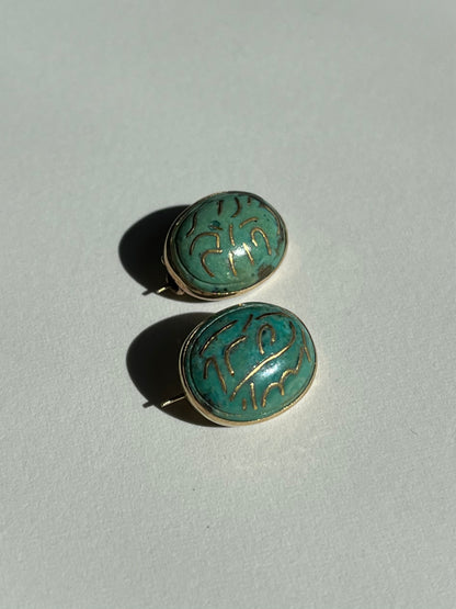 Antique Pair of Turquoise And Gold Inlay Brooches