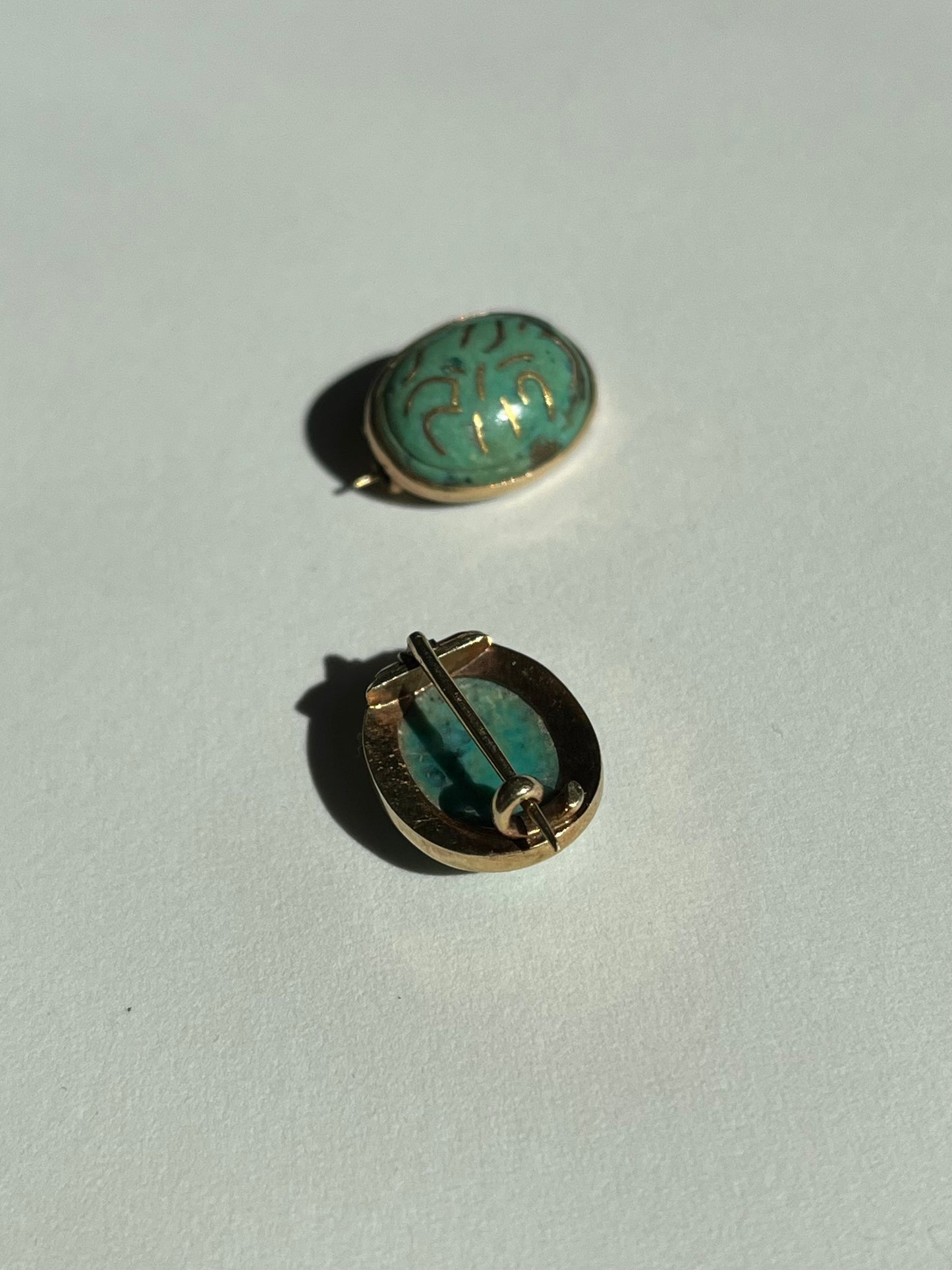 Antique Pair of Turquoise And Gold Inlay Brooches