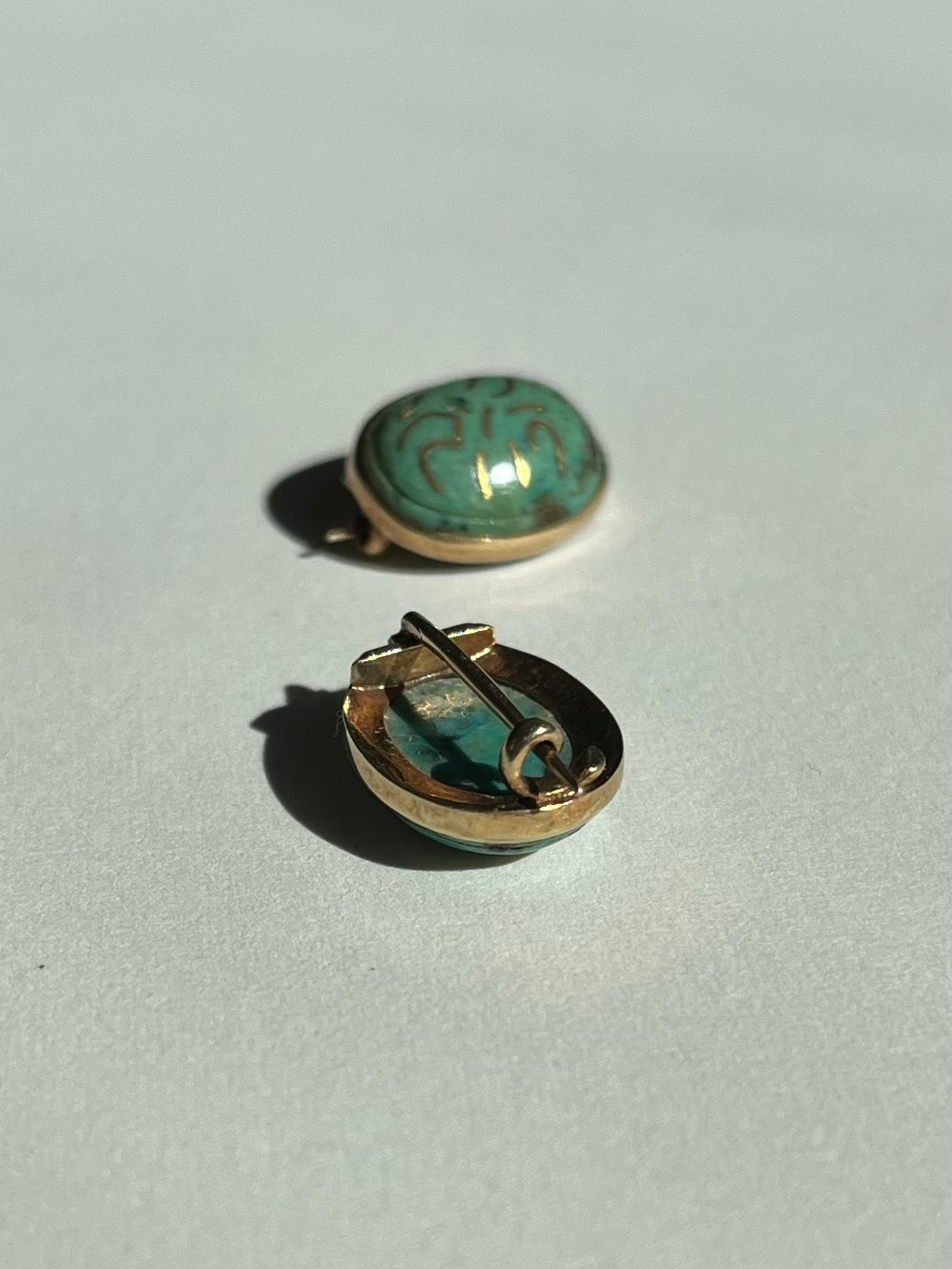 Antique Pair of Turquoise And Gold Inlay Brooches