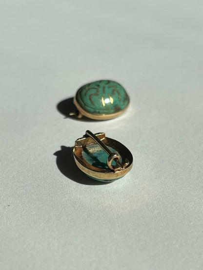 Antique Pair of Turquoise And Gold Inlay Brooches