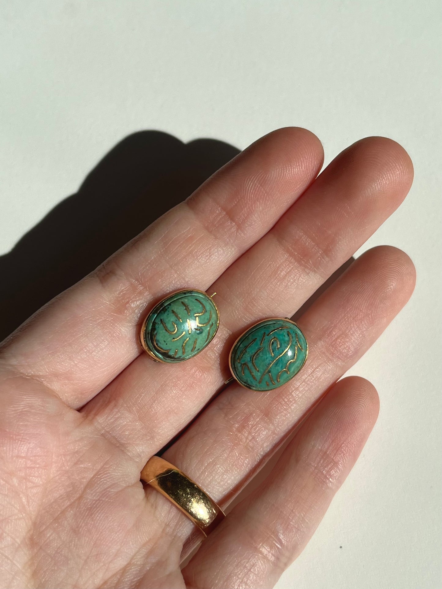 Antique Pair of Turquoise And Gold Inlay Brooches