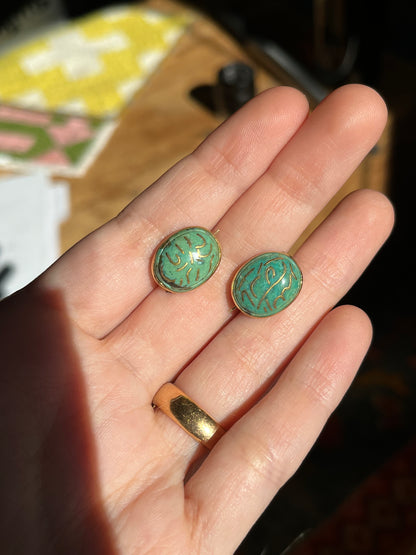 Antique Pair of Turquoise And Gold Inlay Brooches