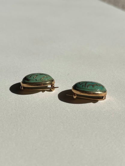 Antique Pair of Turquoise And Gold Inlay Brooches