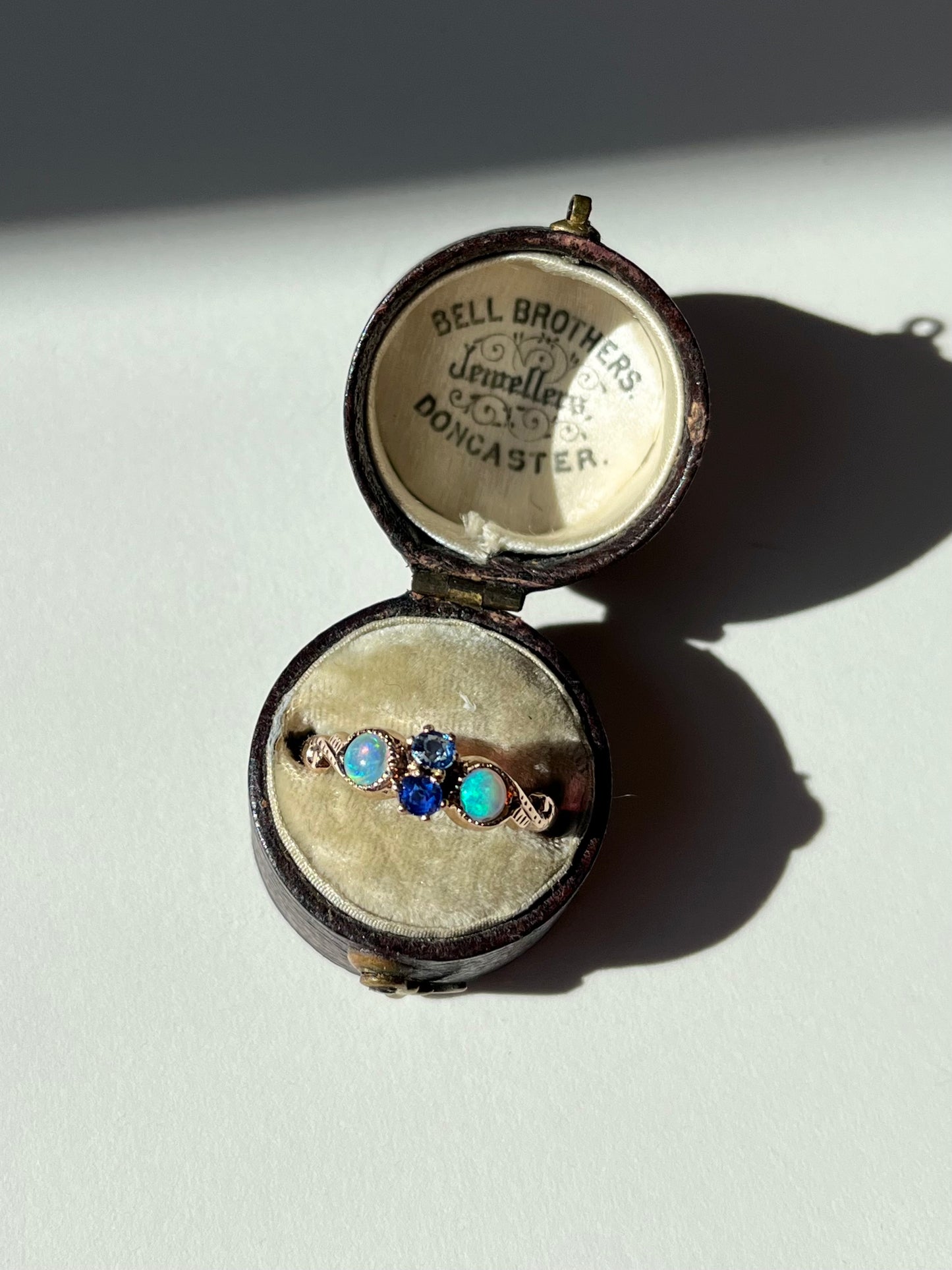 Antique 10K Rosy Gold Ring with Sapphires and Opals