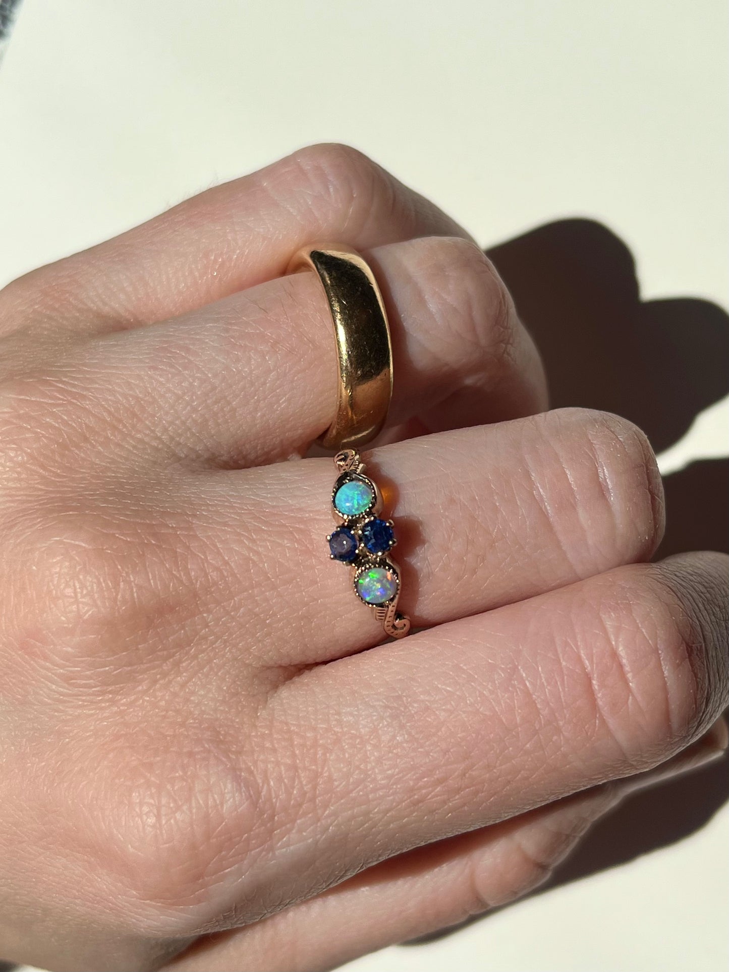 Antique 10K Rosy Gold Ring with Sapphires and Opals