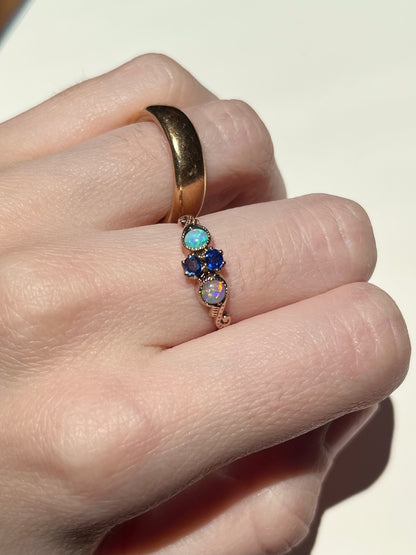 Antique 10K Rosy Gold Ring with Sapphires and Opals