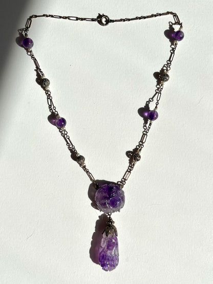 Antique Sterling, Carved Amethyst and Seed Pearl Necklace