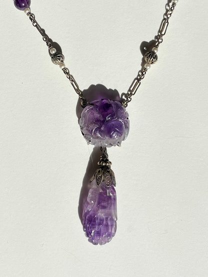 Antique Sterling, Carved Amethyst and Seed Pearl Necklace