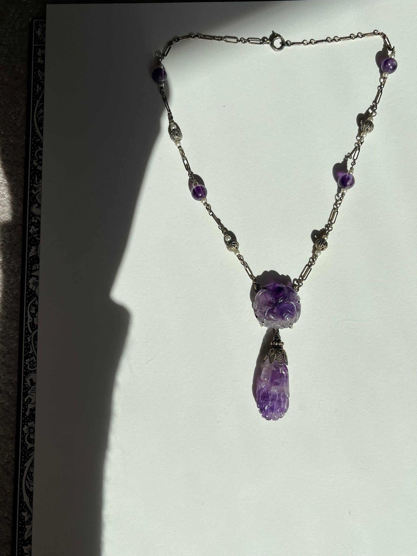 Antique Sterling, Carved Amethyst and Seed Pearl Necklace