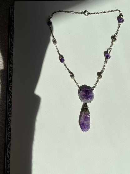 Antique Sterling, Carved Amethyst and Seed Pearl Necklace