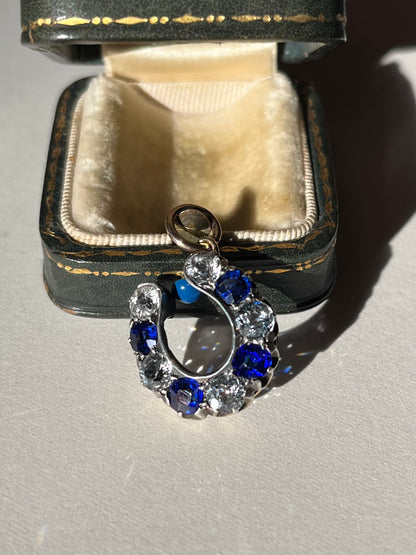 Antique 10K Rosy Gold and Sterling Horseshoe Pendant with White Sapphires and Blue Paste