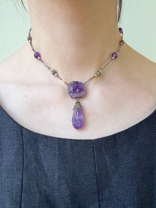 Antique Sterling, Carved Amethyst and Seed Pearl Necklace