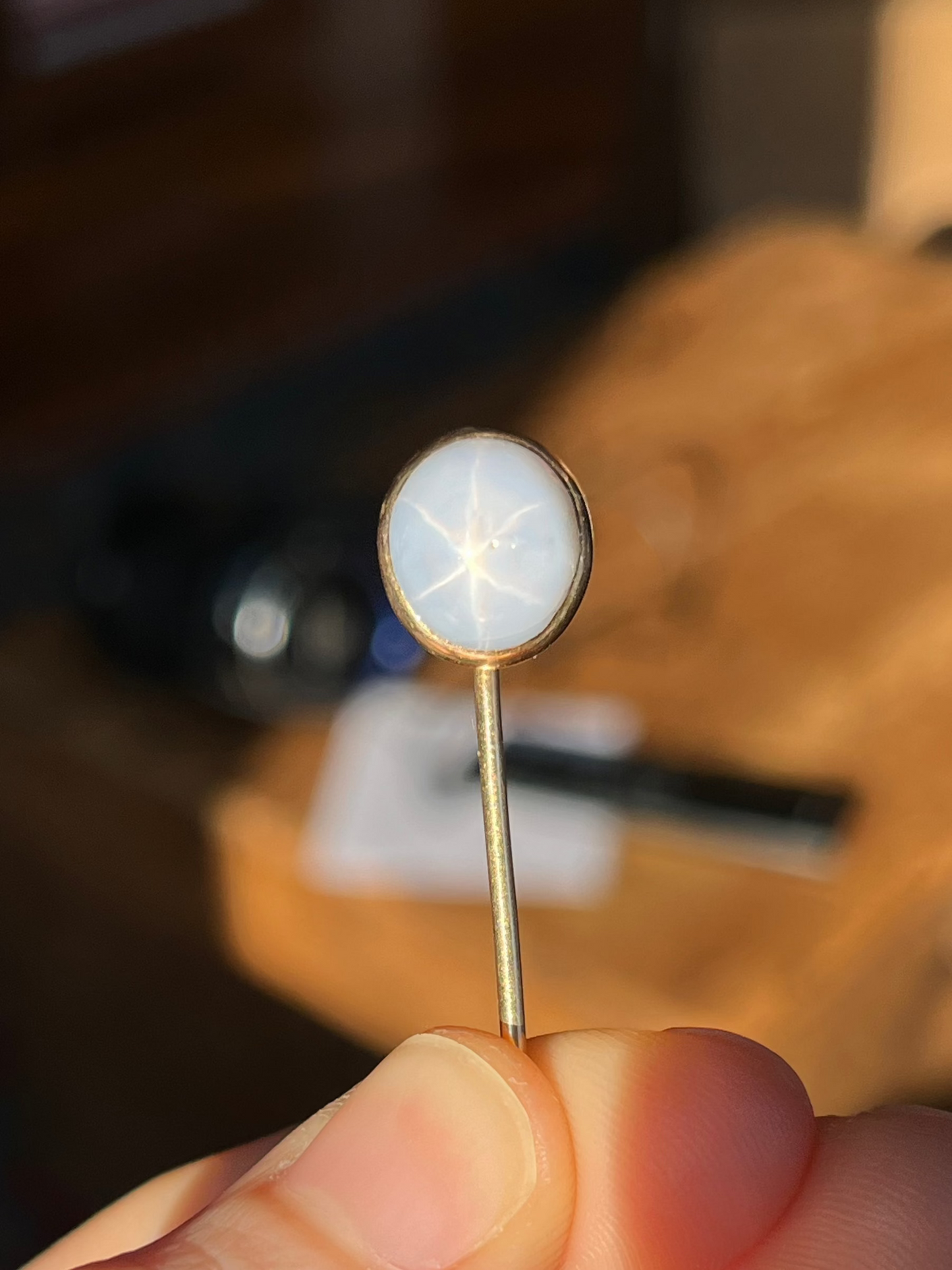 Antique 18K Yellow Gold Stick Pin with ~6ct Star Sapphire, Signed Marcus & Co