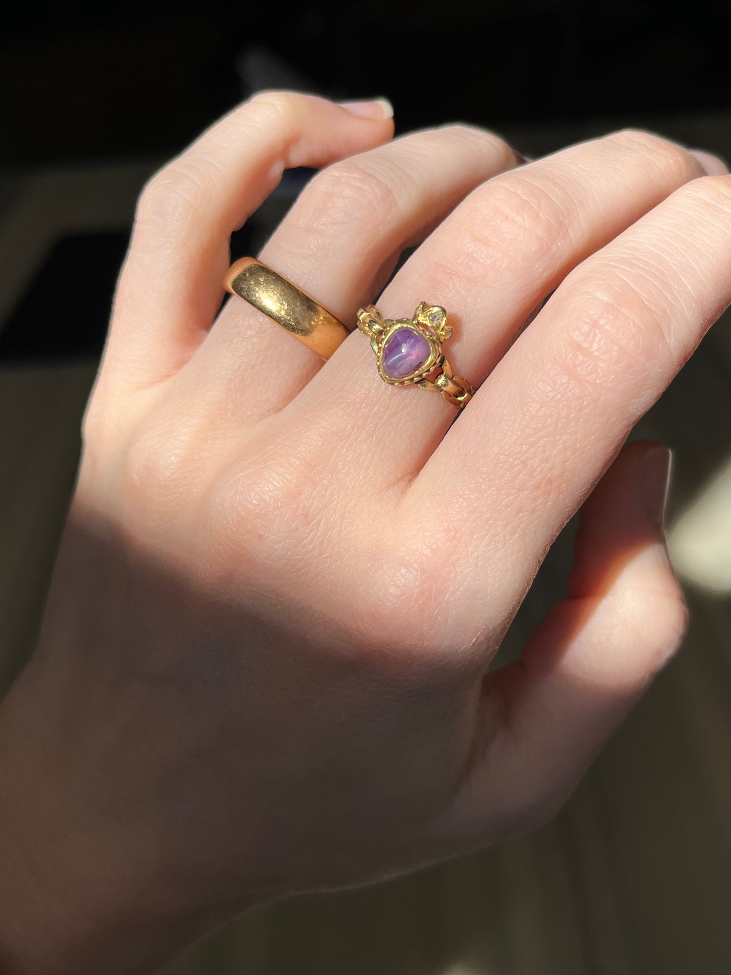 Antique Purple Star Sapphire and Diamond Crowned Heart Ring
