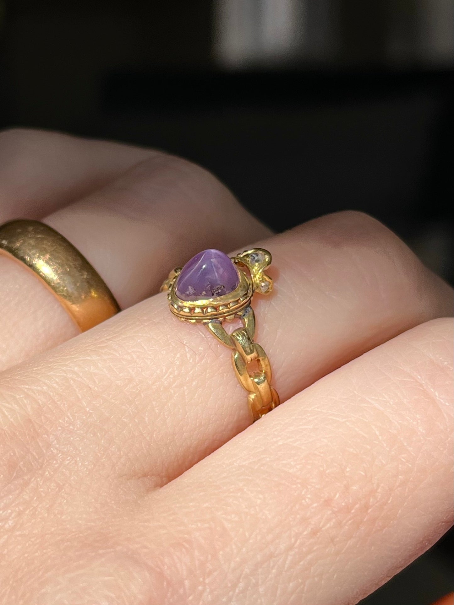 Antique Purple Star Sapphire and Diamond Crowned Heart Ring