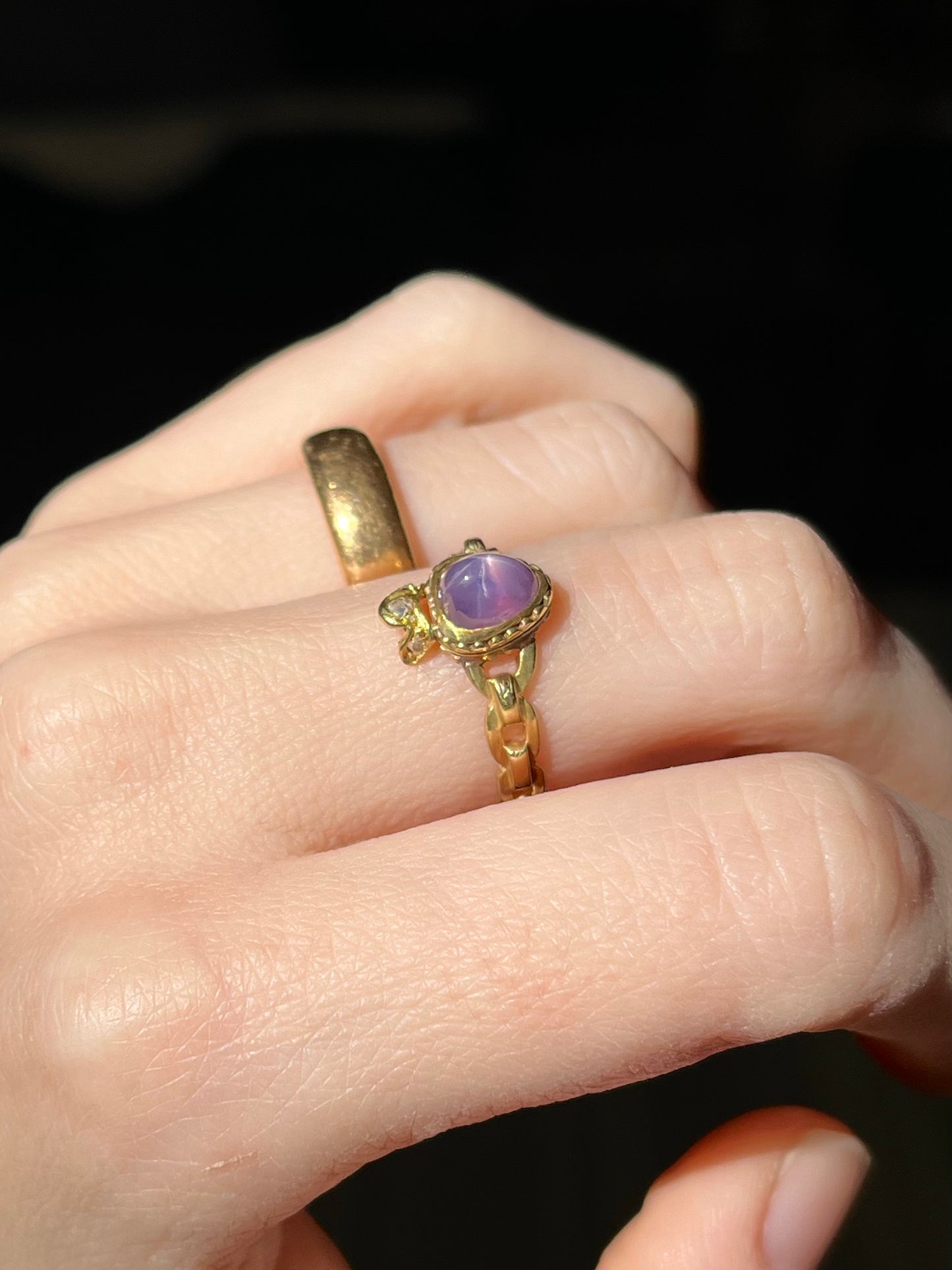 Antique Purple Star Sapphire and Diamond Crowned Heart Ring