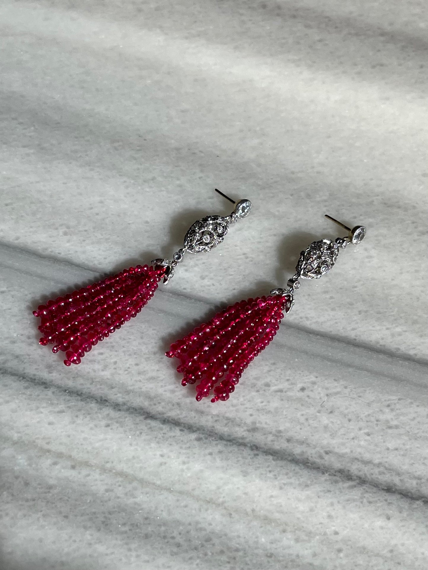 Diamond, Platinum and Spinel Tassel Earrings