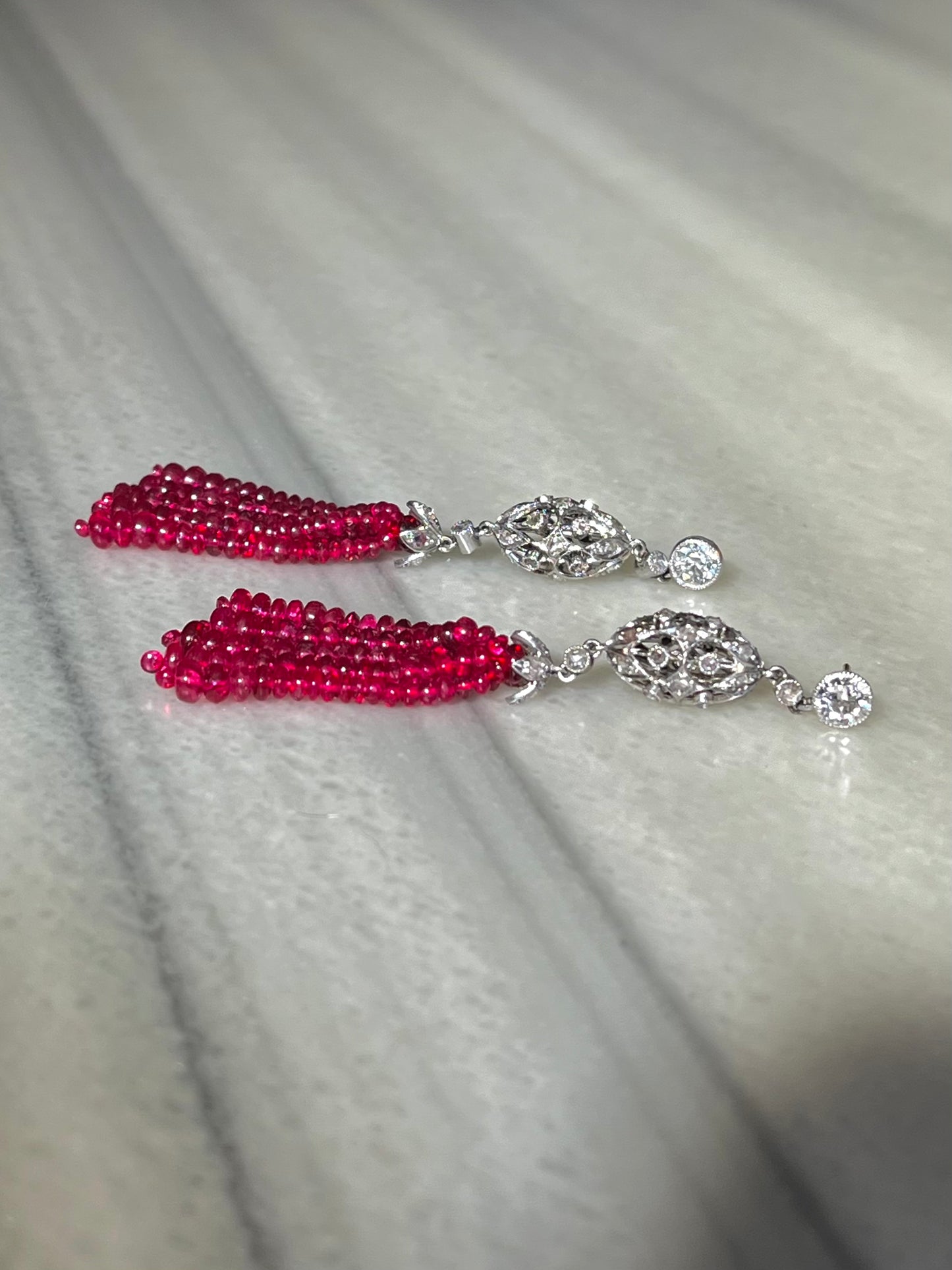 Diamond, Platinum and Spinel Tassel Earrings