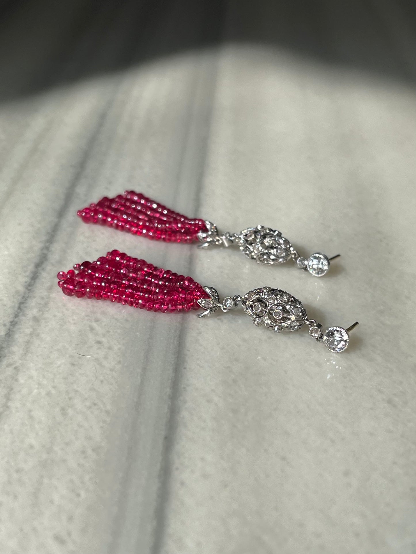 Diamond, Platinum and Spinel Tassel Earrings