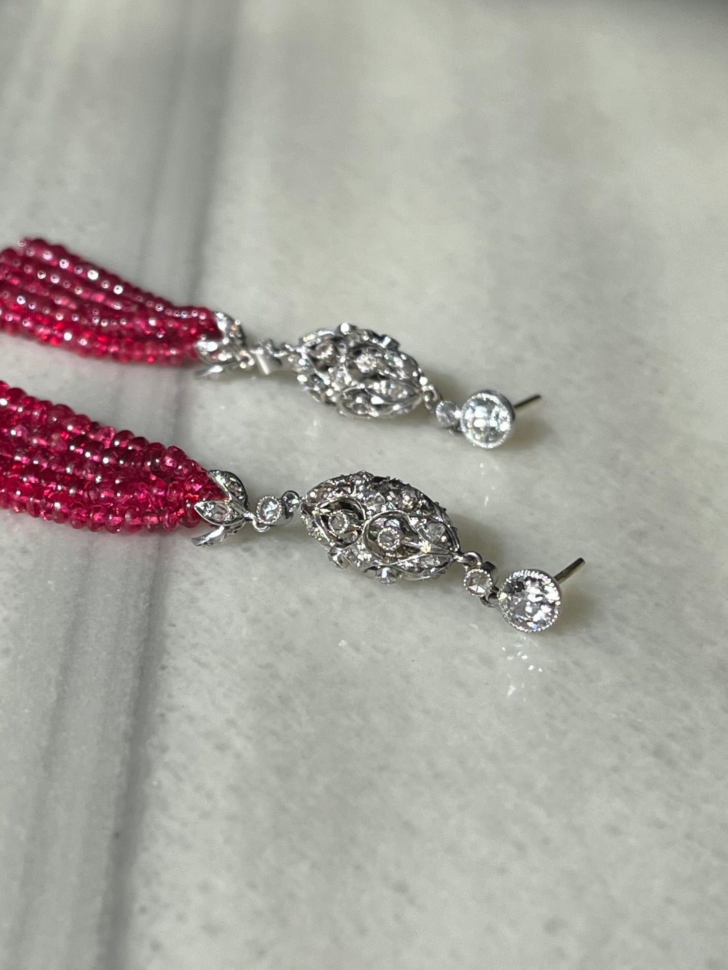 Diamond, Platinum and Spinel Tassel Earrings