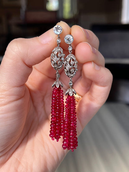 Diamond, Platinum and Spinel Tassel Earrings