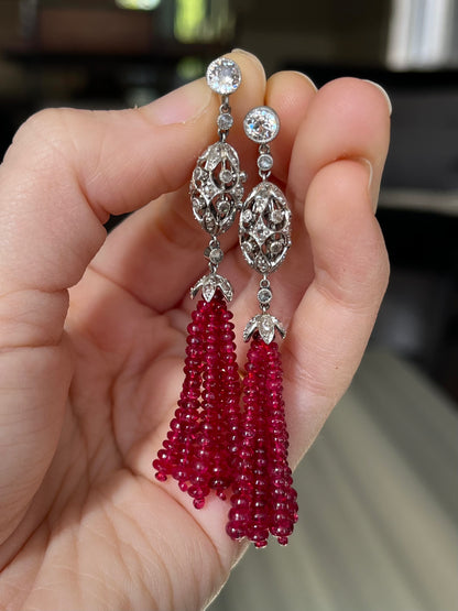 Diamond, Platinum and Spinel Tassel Earrings