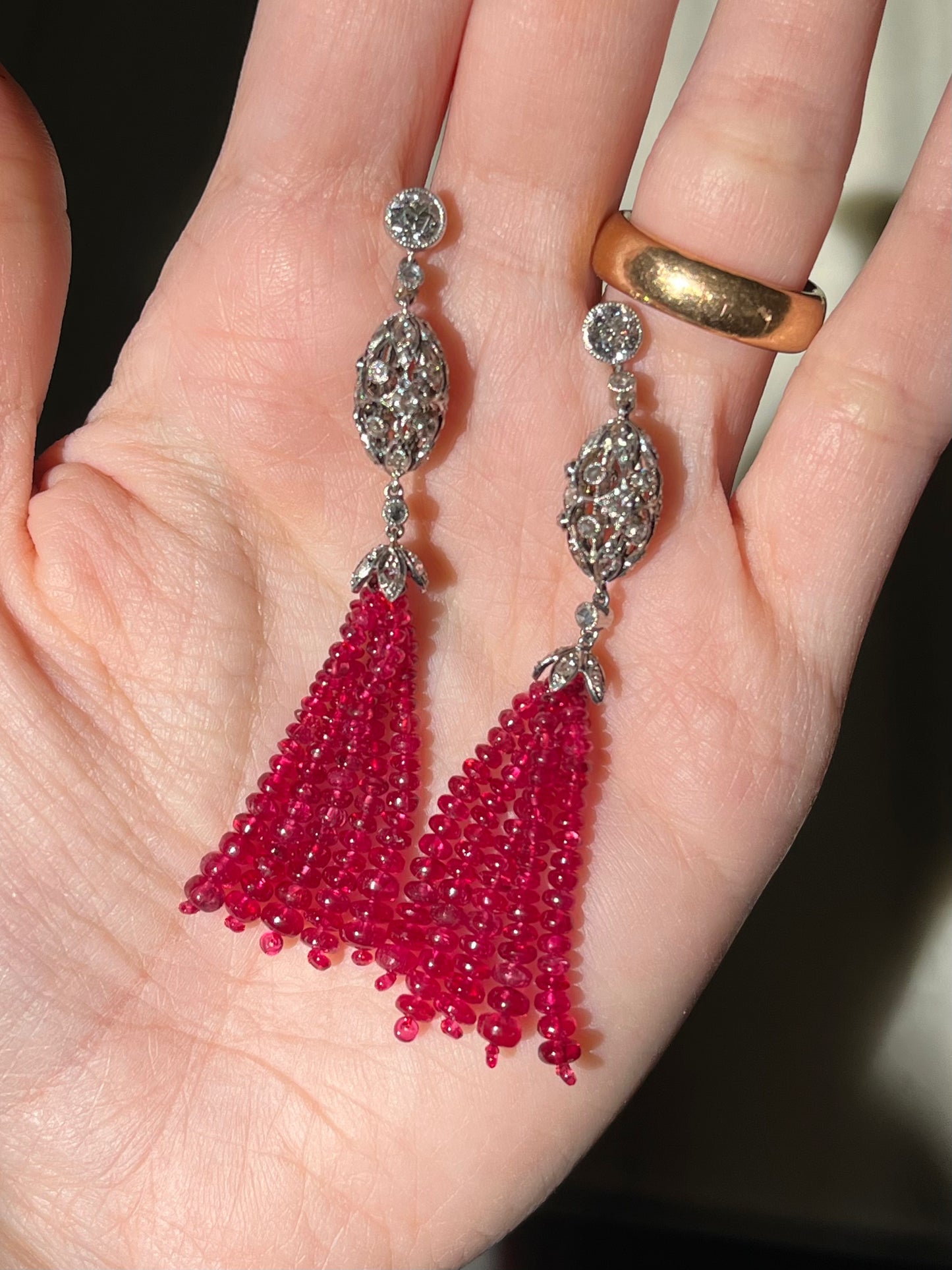Diamond, Platinum and Spinel Tassel Earrings