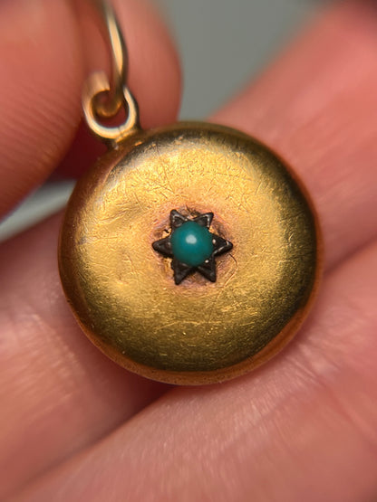 Antique Victorian 15K Gold, Silver and Turquoise Locket Pendant with Pink Silk