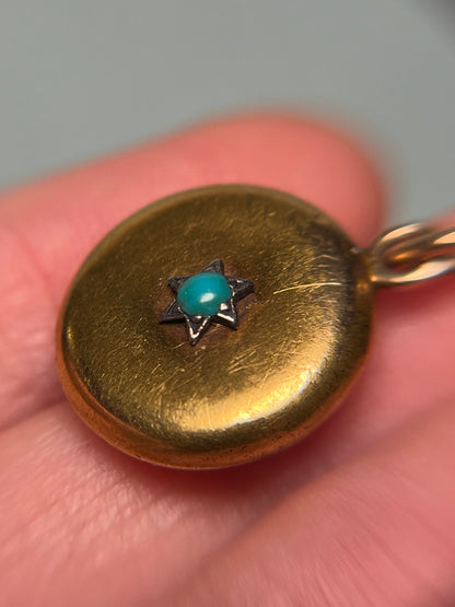 Antique Victorian 15K Gold, Silver and Turquoise Locket Pendant with Pink Silk