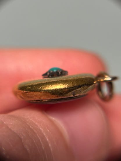 Antique Victorian 15K Gold, Silver and Turquoise Locket Pendant with Pink Silk