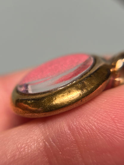 Antique Victorian 15K Gold, Silver and Turquoise Locket Pendant with Pink Silk